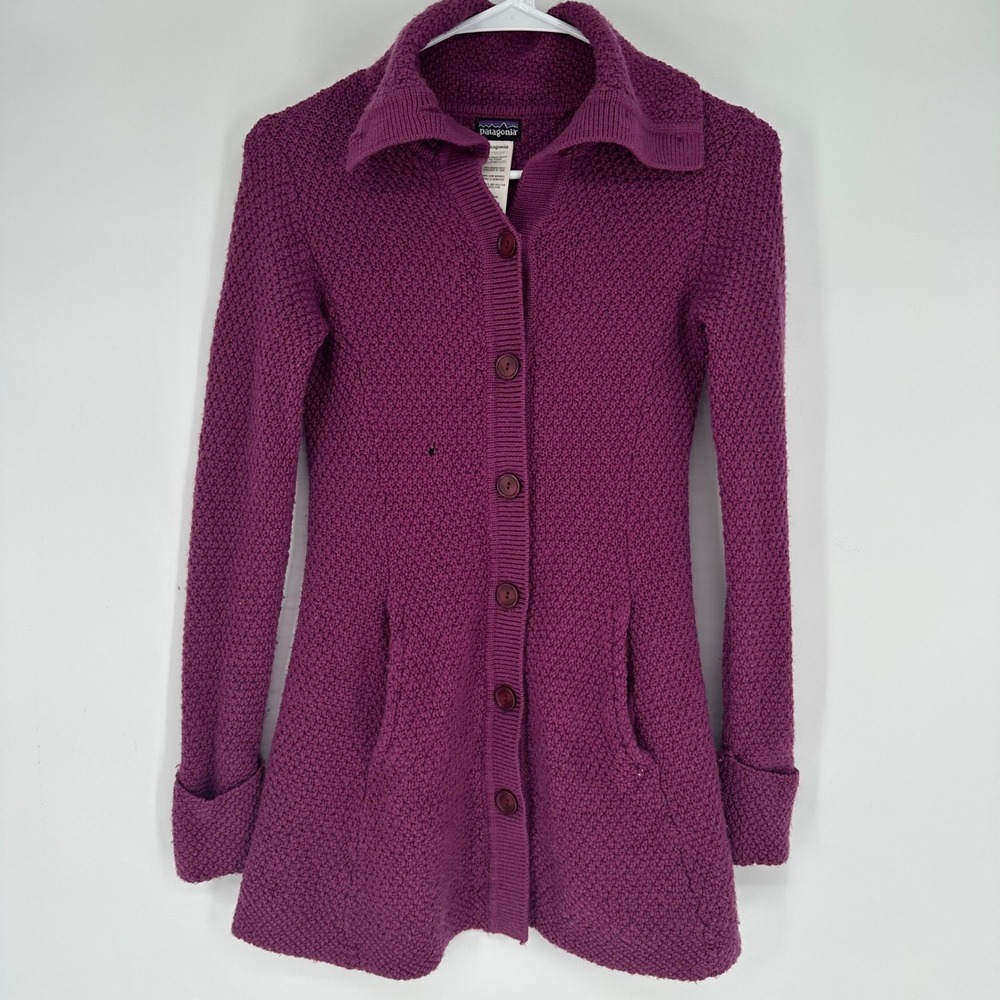 Patagonia 100% Merino Wool *FLAW* Cardigan‎ Sweater Purple Womens XS 50460FA12